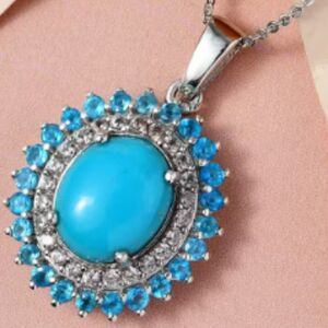 Sleeping Beauty Turquoise and Multi Gemstone Double Halo Pendant Necklace